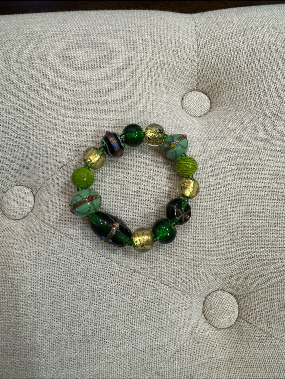 Green and Gold Glass Bead Stretch Bracelet